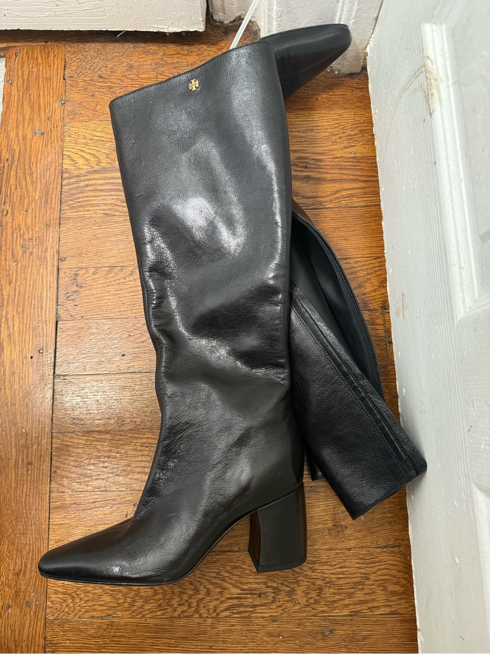 Tory Burch Black Leather Knee-High Block Heel Boots